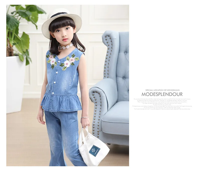 3-12 y summer girls clothes set denim outfits fashion sets for girl sleeveless embroidery top flared trousers children's sets (6)