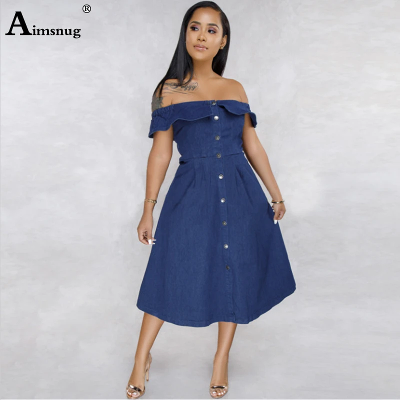 

Off Shoulder Casual Denim Jeans Dress Women Button sleeveless Bodycon Dress 2019 Autumn Winter Party Sexy Club Female Dresses