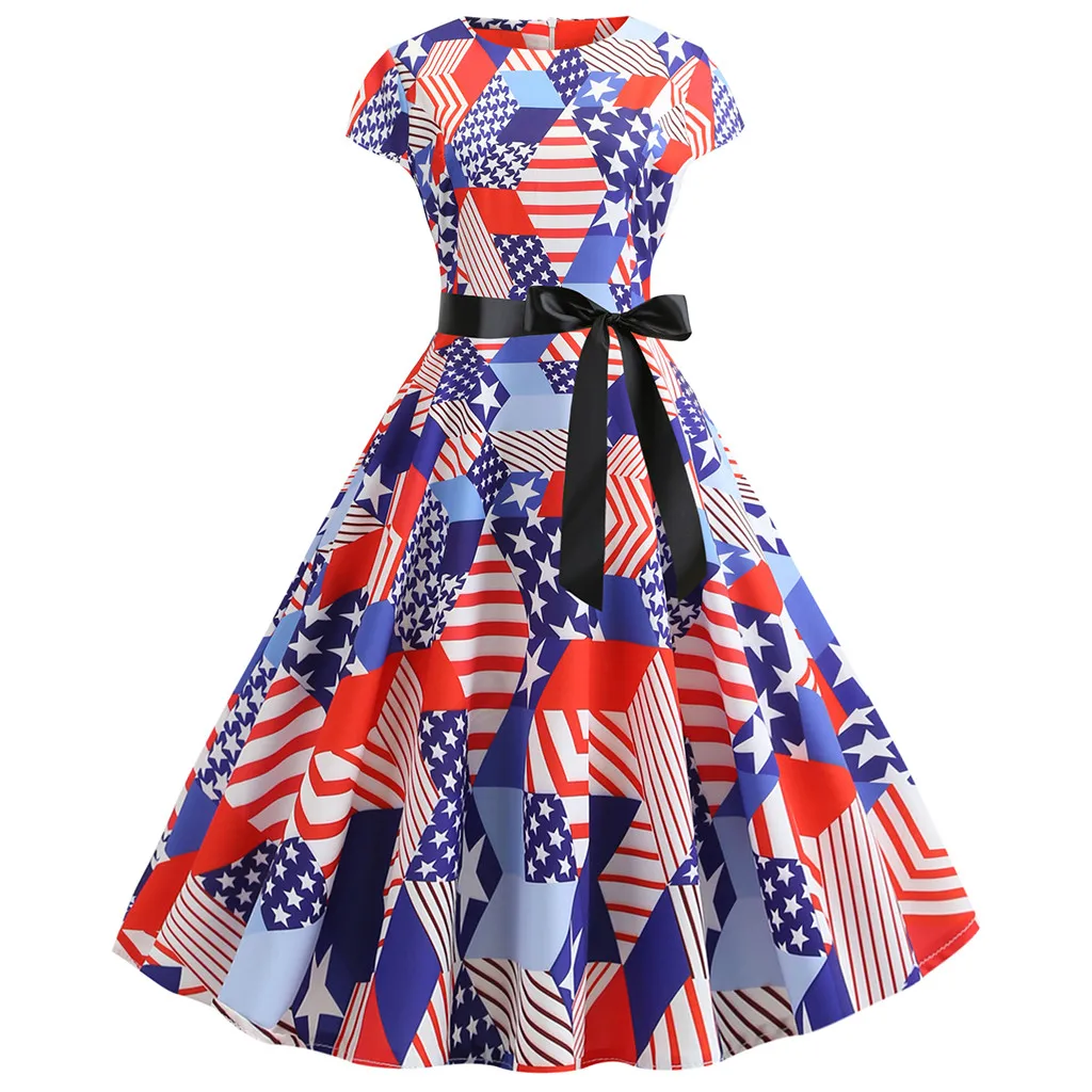 

Dress Lady's Vintage Spring Summer Women Vintage 1950s Retro Short Sleeve O-Neck Flag Print Female Sweet Princess Party Dress