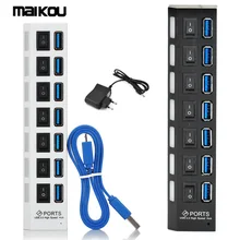 Maikou 5 Гбит/с 7-Порты и разъёмы USB 3,0 концентратор ж/индивидуальным переключателем/ЕС штекер Адаптер