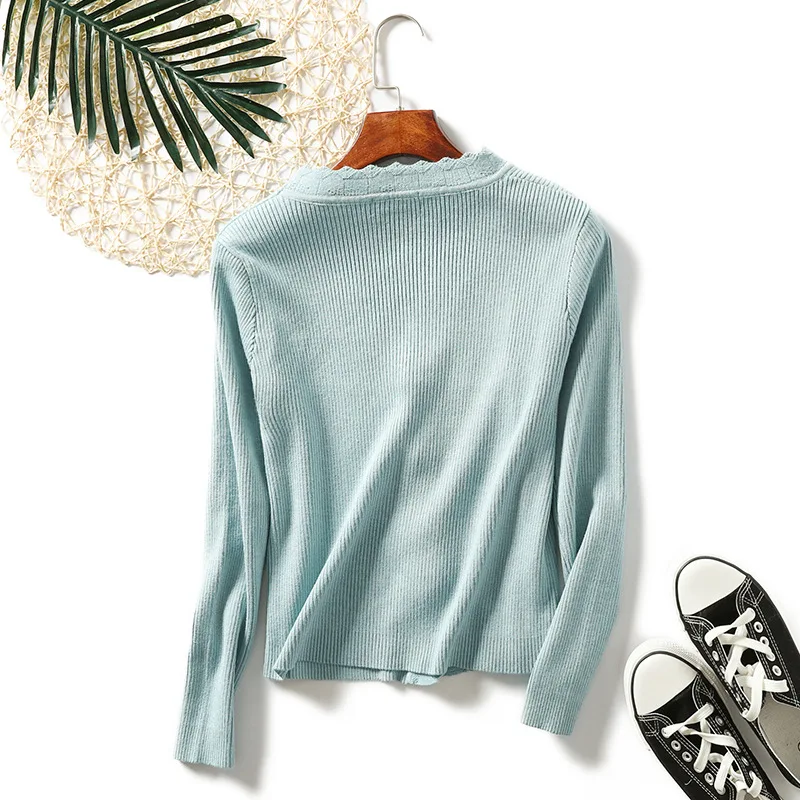 2019 Autumn Winter Korean Sweater Women Button V-neck Wave Long Sleeve Slim Sweater Female Crochet Knitted Cardigan Outside Coat