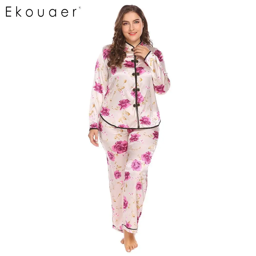 

Ekouaer Women Satin Pajama Sets Plus Size Sleepwear Stand Color Long Sleeve Floral Top Pants Pajama Set Spring Autumn Nightwear