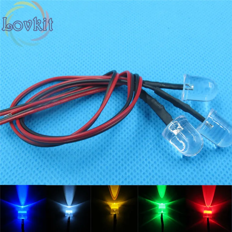 

50pcs 10MM 12V Pre-Wired Resistor Round LED 10X Each color White Red Blue Green Yellow Emitting Diodes DC 20cm Car Light DIY