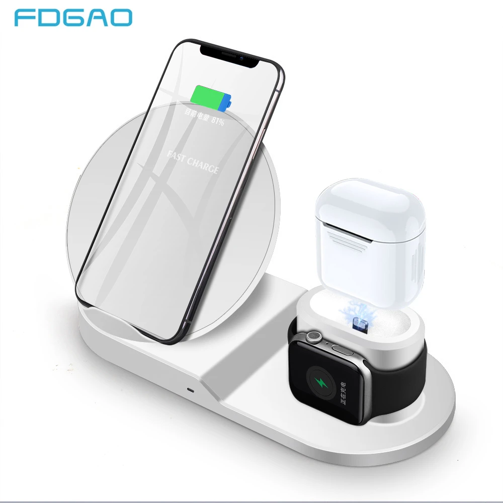 Fdgao Fast Wireless Charger For iPhone XS XR Max X 8 Plus Apple Watch 4 3 2 AirPods 10W in 1 Qi Charging Samsung S8 S9 | Мобильные