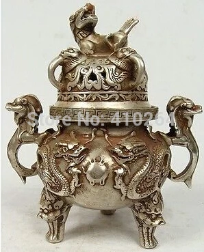 

[old craft ] CHINESE BUDDHISM HANDWORK OLD SILVER COPPER DRAGON INCENSE BURNER
