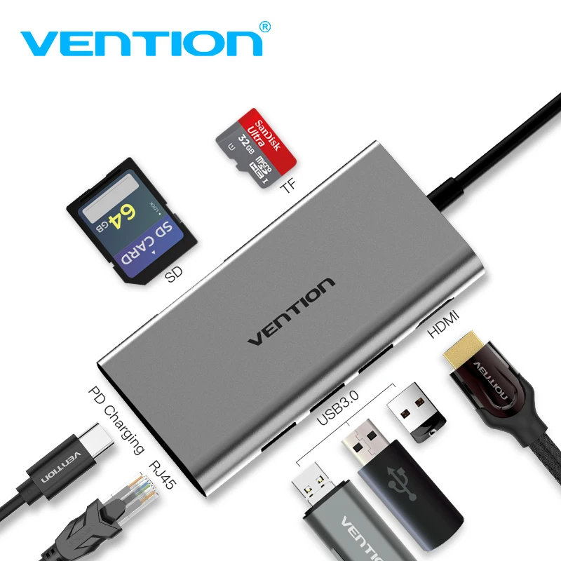 

Vention USB C Adapter Type C to HDMI SD TF Card Reader RJ45 With Type C PD Power For Macbook Samsung S8/S8+ Type C HUB USB 3.0