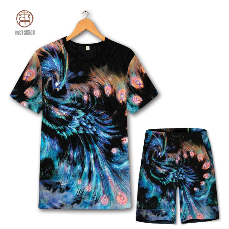 

Creative exquisite peacock pattern printing t shirt and shorts suit Summer 2018 hollow breathable quality mens short sets S-6XL