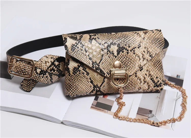 Women Fanny Pack Serpentine Leather Belt Bag Fashion Snake Skin Chain Women Pouch Ladies Bum Waist Bag Shoulder Bag Purse