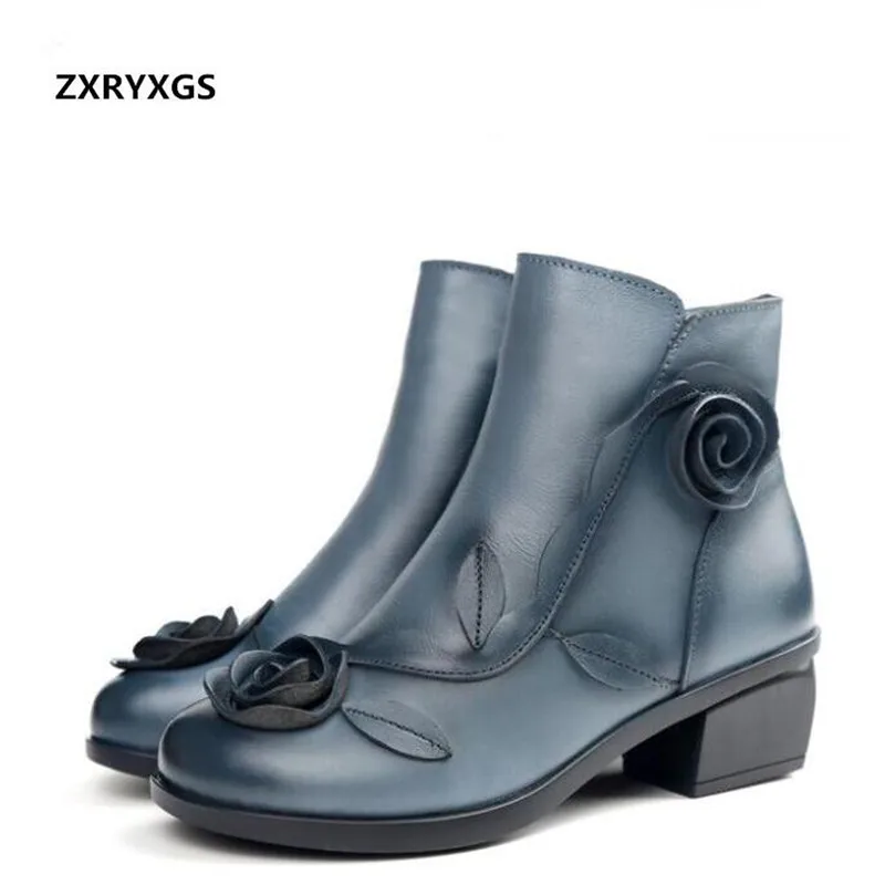 

ZXRYXGS brand boots fashion cowhide flowers fall winter boots women shoes snow boots 2018 new original genuine leather boots