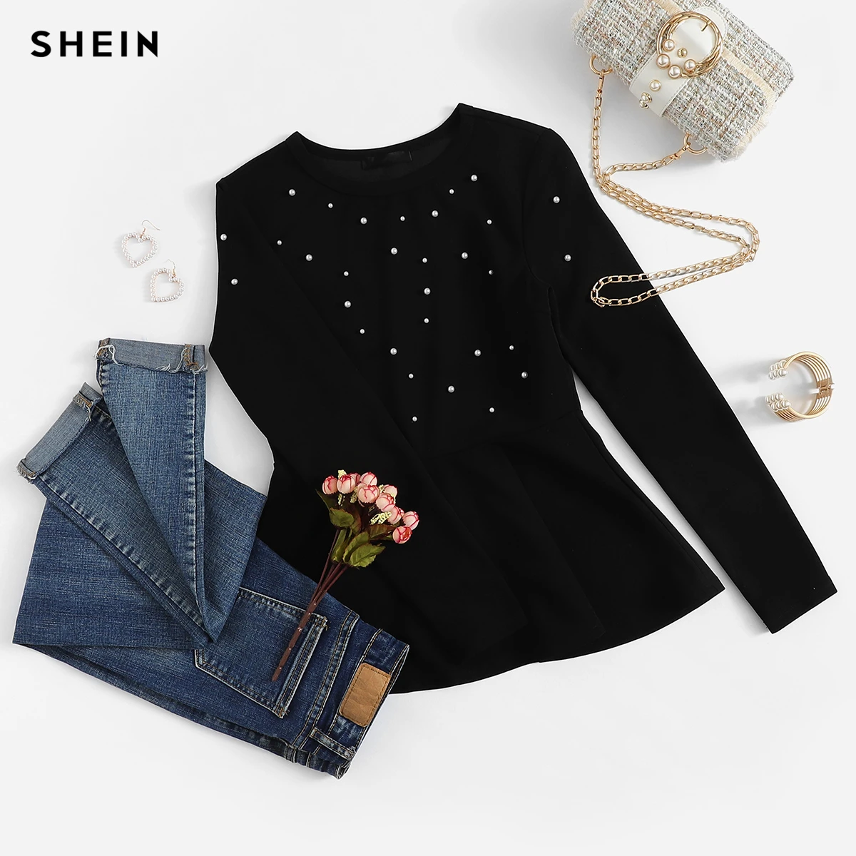 SHEIN Однотонная Блузка С Баской И Бусинами Нарядный Топ С Коротким Рукавом Офисный Топ С Отделкой