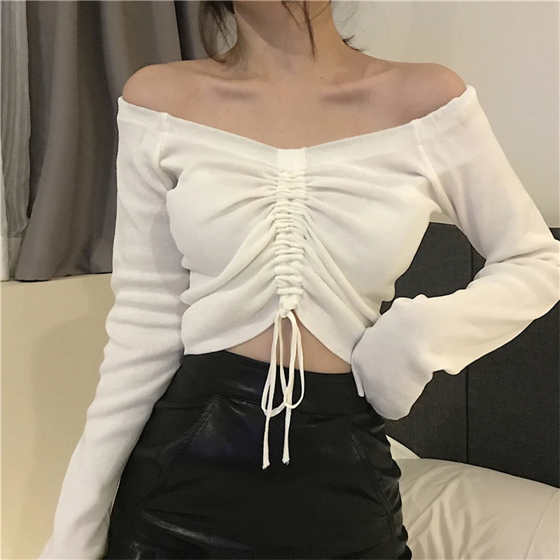 السيدات مثير البلوزات مائل الرقبة طويلة الأكمام محبوك قمم الدانتيل يصل Clubwear الإناث الملابس الربيع الخريف السترة سترة