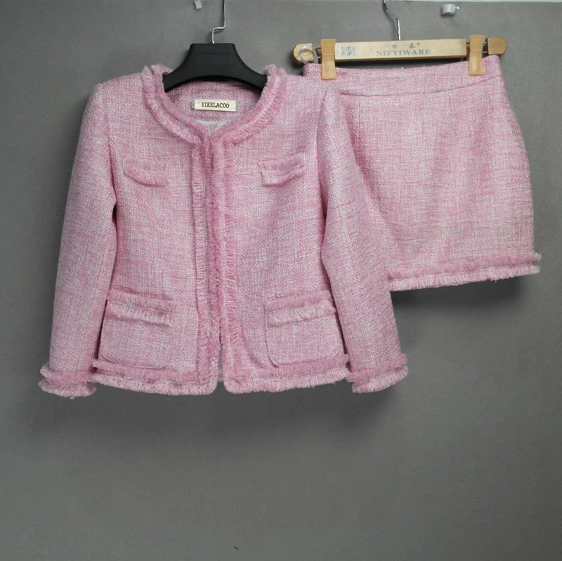 Розовый твидовый пиджак + юбка костюм весна/осень Новая женская куртка маленький ароматный ветер аристократический ворс дамская юбка