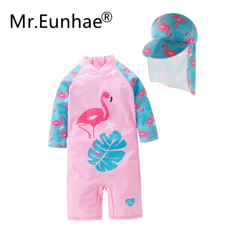 

Mr.Eunhae Toddler Girls Summer 2019 Pink Flamingo Long Sleeve UV Protection One Piece Swimsuit Pool Bathing Suits Bikinis Bebes