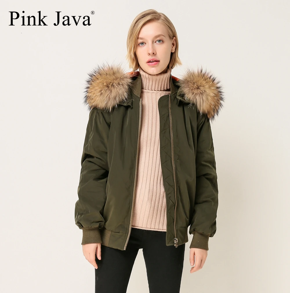 Розовый Java QC1876 Новое поступление F/W модная женская зеленая пуховая куртка-бомбер с воротником из енота