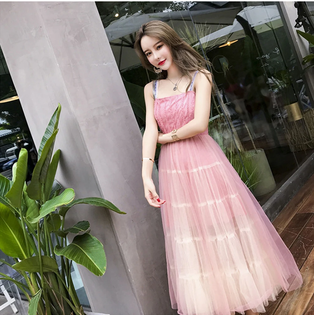 

Spring and summer new style Korean lace temperament dress Mid-length pink gradient dress