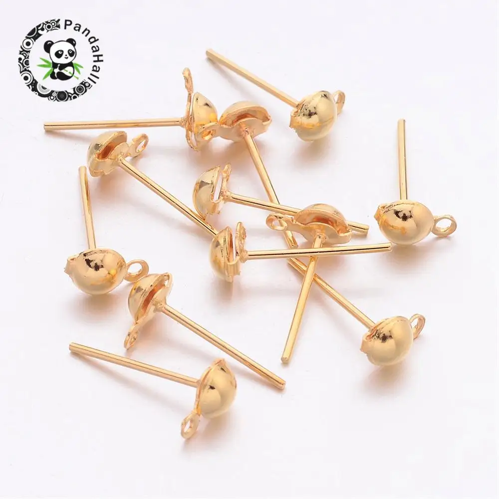 1000pcs Gold Plated Half Ball Iron Post Earstuds Jewelry Findings for DIY, 13mm long, hole 1mm