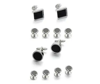 

5Sets/lot Classic Black Onyx Tuxedo Cufflinks Collar Studs 6pcs Set Business Square/Round Cuff Links Stud Set Men's Jewelry