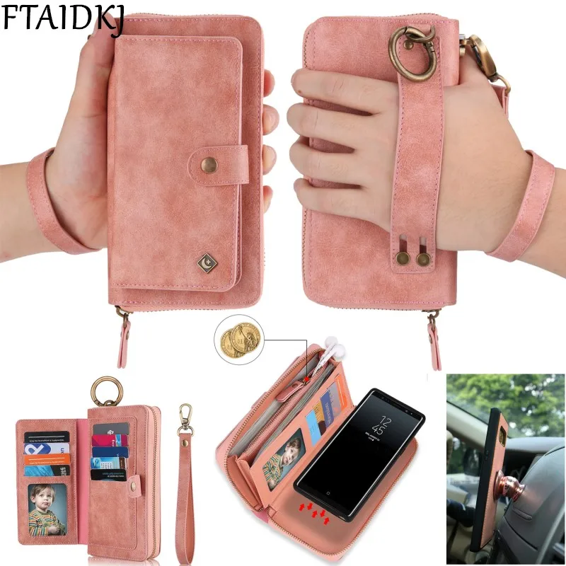 Skup Wielofunkcyjny skórzany zamek portfel na karty torba etui do Samsung Galaxy S10e uwaga 8 9 10 Pro S7 krawędzi S8 S9 S10 Plus zdejmowana torebka dla iPhone 11 Pro XS Max XR X 6 6S 7 8 Plus