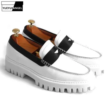 

Spring Autumn Genuine Leather Mens Shoes Formal White Black Luxury Man Shoe Thick Platform Loafers Moccasins For Men US 4.5-11.5