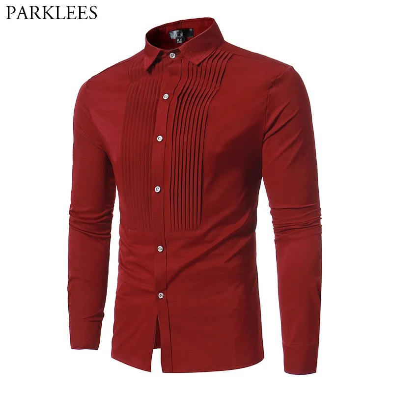 Fashion Pleat Lapel Red Shirt Men 2018 Autumn New Slim Fit Long Sleeve