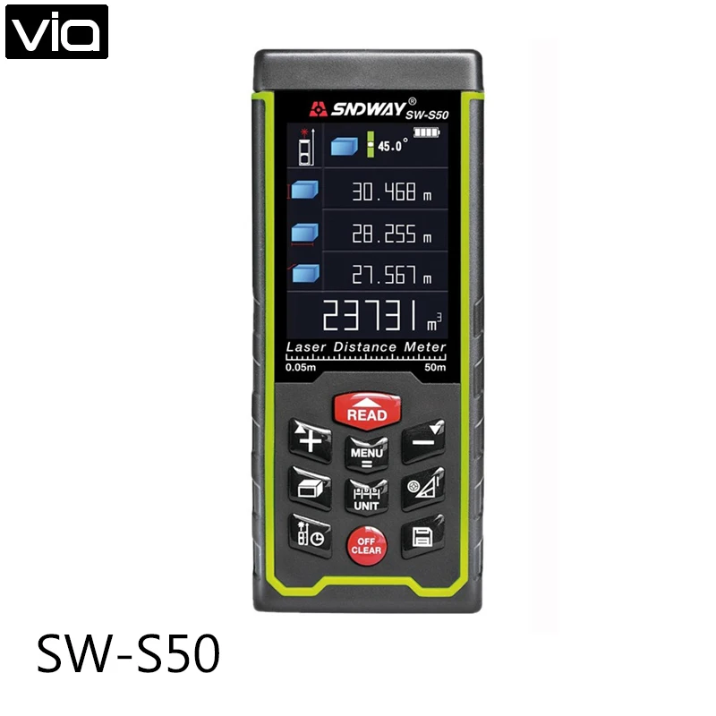 

SW-S50 Direct Factory Digital rechargeable Color display 50m Laser Distance Meter Rangefinder Tape with Bubble Level measure