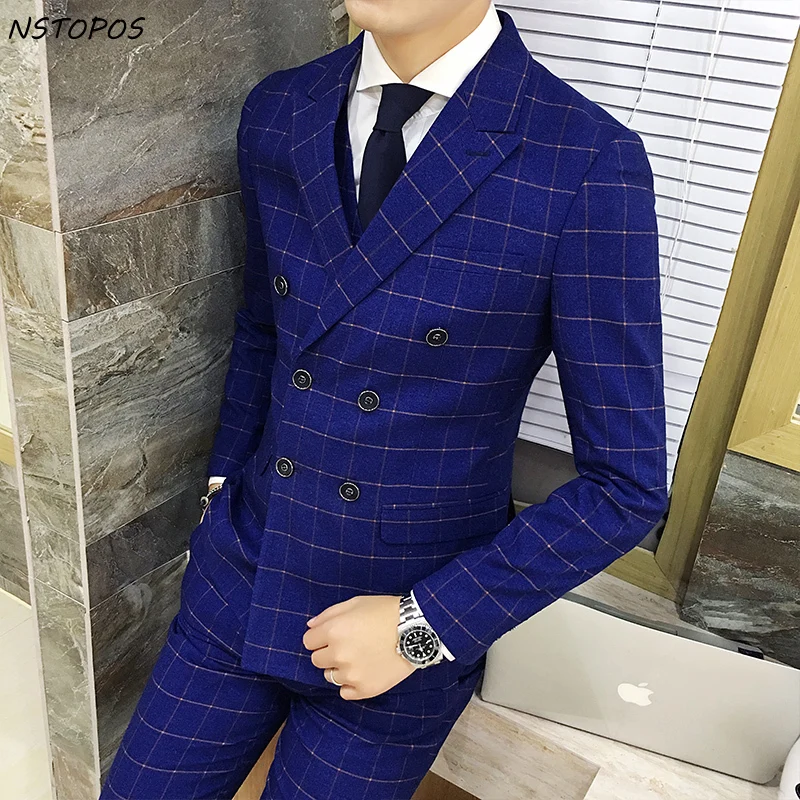 

The Double Breasted Plaid Suit 2016 New Autumn Winter Royal Blue Groom Tuxedo Costume Homme Mariage Latest Coat Pant Designs
