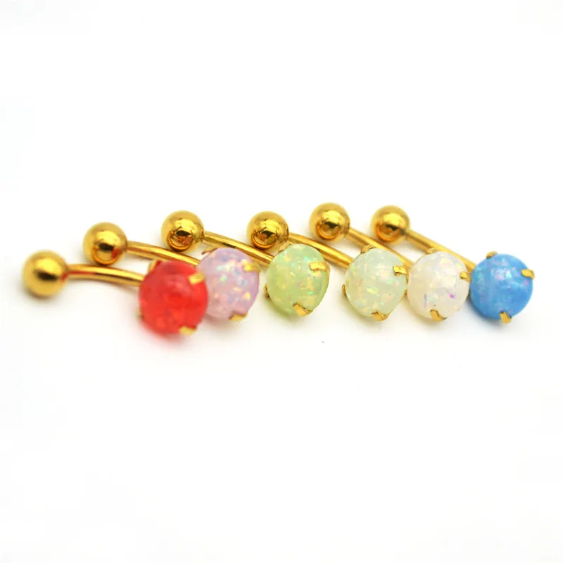 HENGKE Gold color Faux Opal Glitter Belly Navel Piercing Bar Barbell