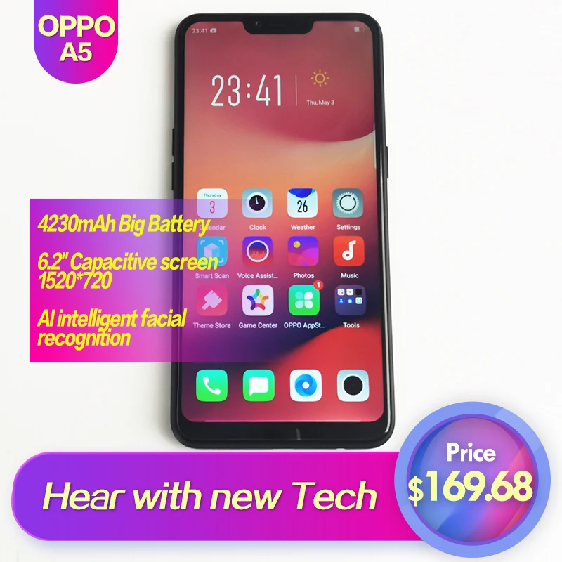 

OPPO A5 Original Android Smart Phone 6.2" Full Screen Global Rom 4230mAh 1520x720 Face recognition 1080P 13MP+2MP