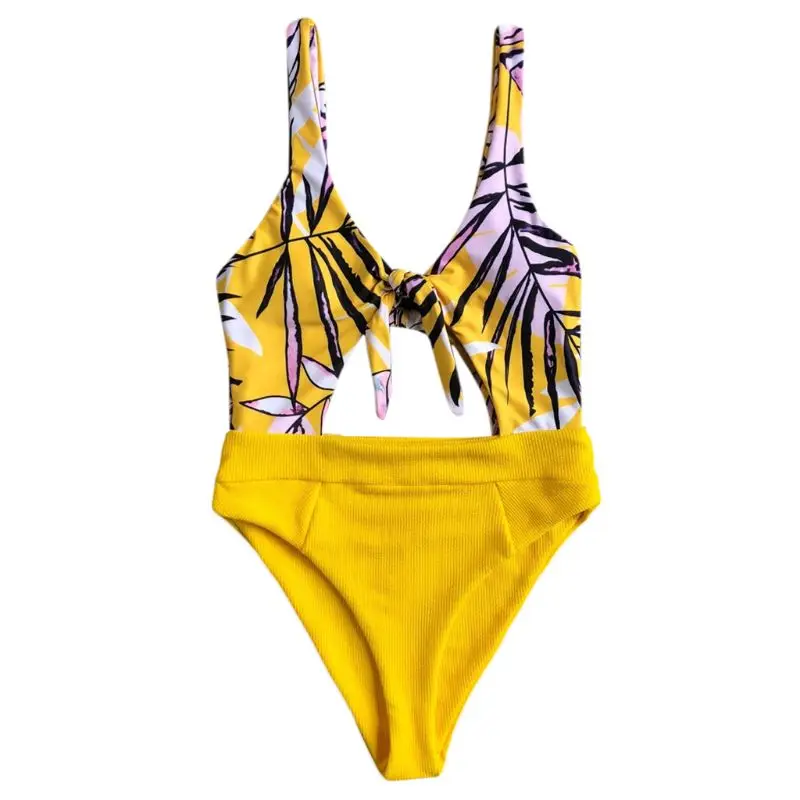 

Womens One Piece Bikini Deep V-Neck Tie Knot Front Monokini Bohemian Floral Printed Color Block Patchwork Swimsuit Large Hollow