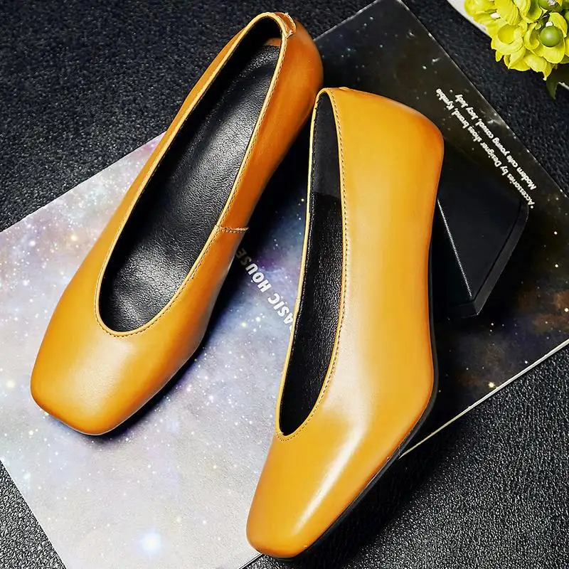 

2017 New Fashion Big Size Brand Spring Shoe Shallow Party Genuine Leather High Heel Women Pumps Square Toe Concise Causal Shoes