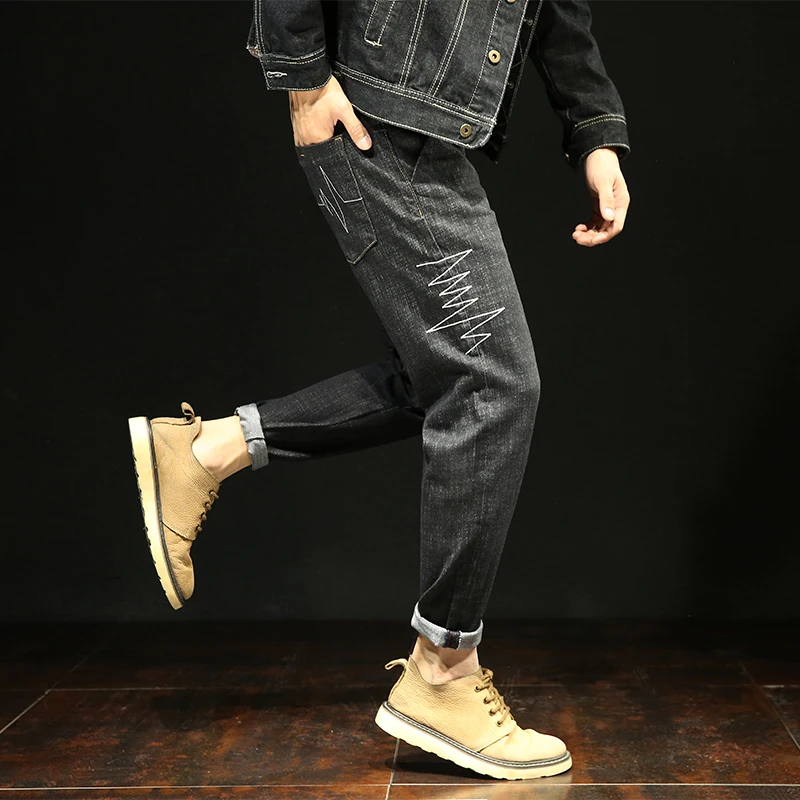 2018 New Casual Jeans Stretch Straight Pants Hemming Ankle Trousers High Quality Male Full Length