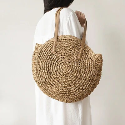 Round Straw Beach Bag Vintage Handmade Woven Shoulder Bag Raffia circle Rattan bags Bohemian Summer Vacation Casual Bags Round Straw Beach Bag Vintage Handmade Woven Shoulder Bag Raffia circle Rattan bags Bohemian Summer Vacation Casual Bags