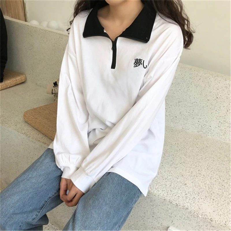 

HziriP 2018 Autumn Ladies Tops Thin Japanese Style New Solid White T Shirt Long Sleeve Casual Embroidery Female Loose T-Shirts