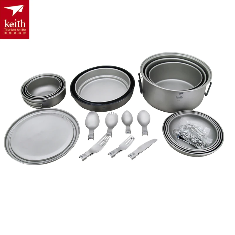 Utensilios de cocina al aire libre de 4-5, olla de titanio y plato de bandeja para Camping, utensilios de cocina Ti6201