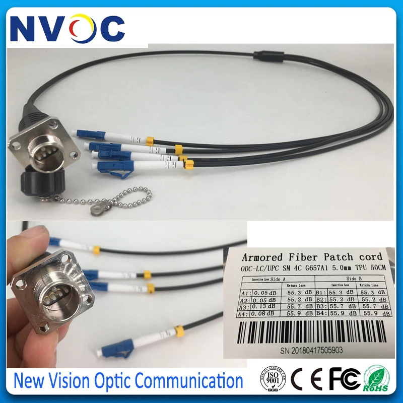 

SM,4C,G657A1,LSZH Armored Cable,1M,ODC Square(Female) to LC/UPC Fiber Patch Cord Jumper,50cm from Plug to LC/UPC Fiber Connector
