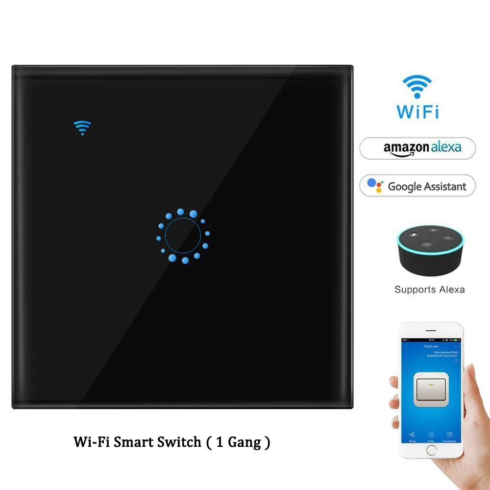 WiFi умный настенный светильник, беспроводной переключатель голосового управления, сравнимый с Alexa Google Home, приложение для телефона, управление таймером, стеклянная сенсорная панель - Цвет: Black 1Gang