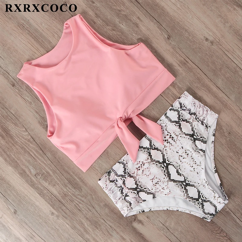 

RXRXCOCO High Neck Bikini Swimwear Women Swimsuit High Waist Bikini Set Bathing Suit Women Front Tie Beachwear Swimming Suit