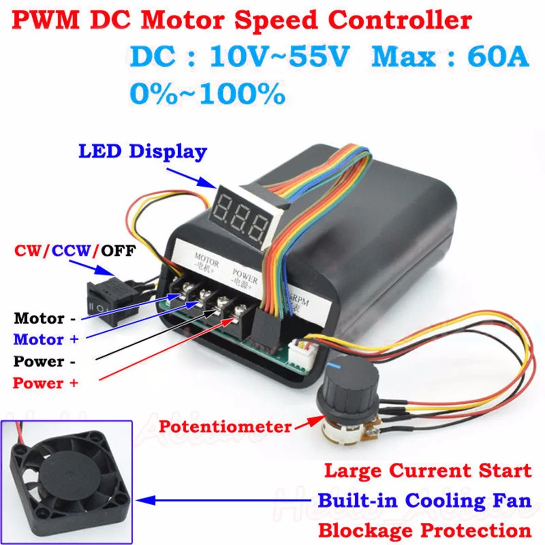 DC 10-55V PWM Motor Speed Controller Digital LED Display 40A High Power CW CCW Reversible Speed Controller 12 24 36V