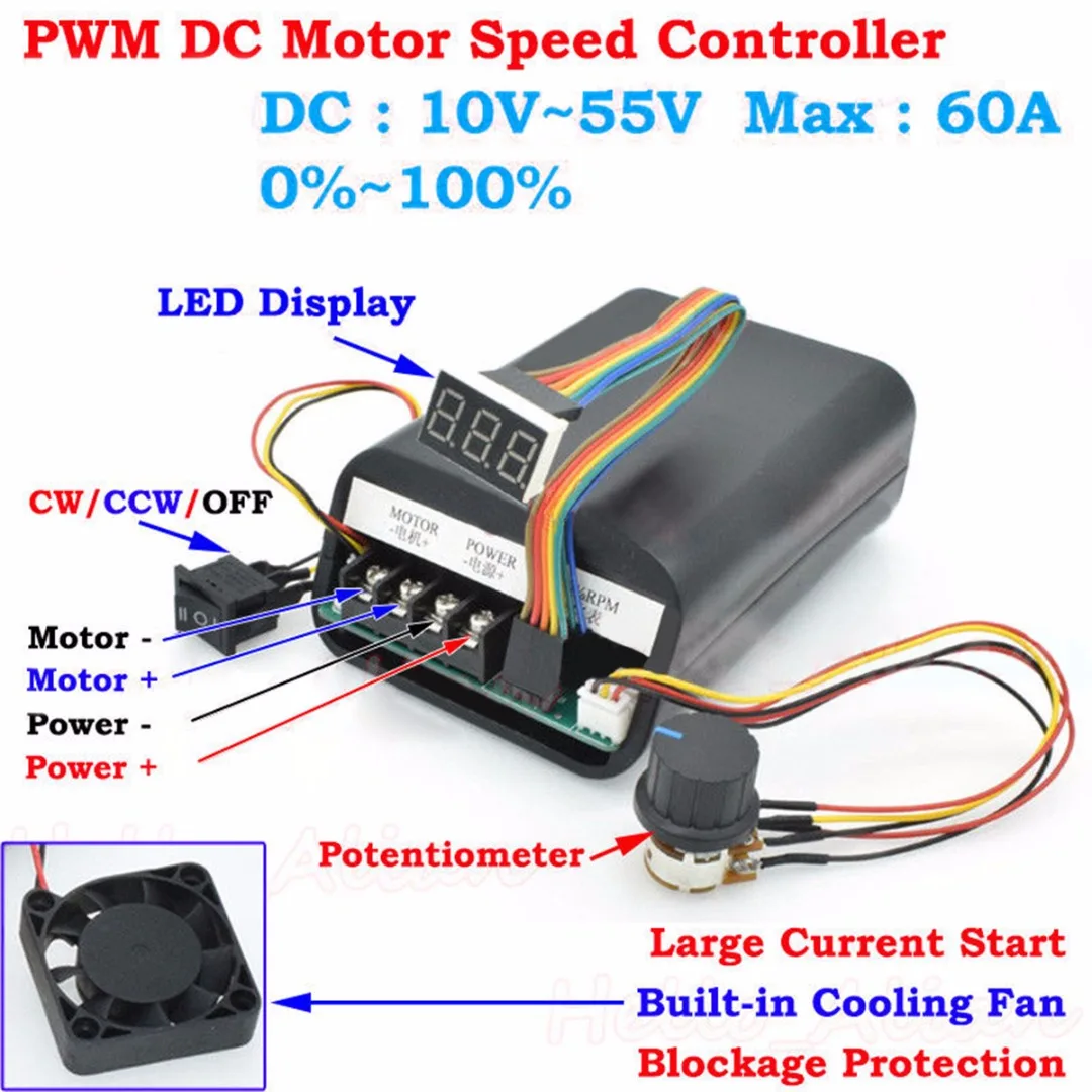 DC 10-55 в ШИМ контроллер скорости двигателя Цифровой светодиодный дисплей 40A Высокая мощность CW CCW Реверсивный регулятор скорости 12 24 36 В
