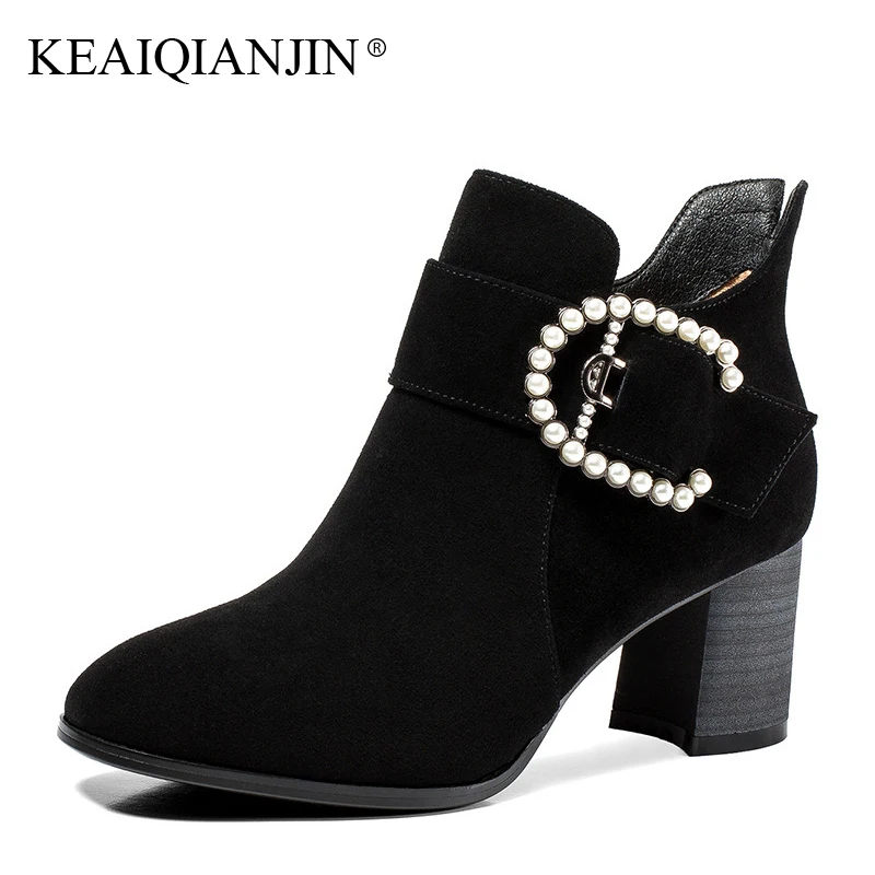 

KEAIQIANJIN Woman High Heels Sneaker Autumn Winter Black Green Plus Size 33 - 42 Boots String Bead Genuine Leather Ankle Boots