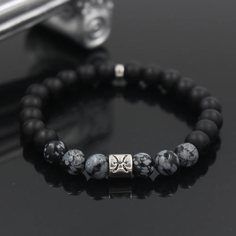 TANGYIN Simple Charm 12 Constellation Bracelet Black Scrub Stone Beads Cancer Pisces Capricorn Libra Beaded Bracelet Women Men - Окраска металла: Pisces