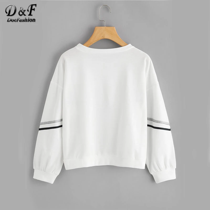  Dotfashion White Tape Detail Drop Shoulder Sweatshirt Casual Long Sleeve O Neck Womens Fall Tops Ka