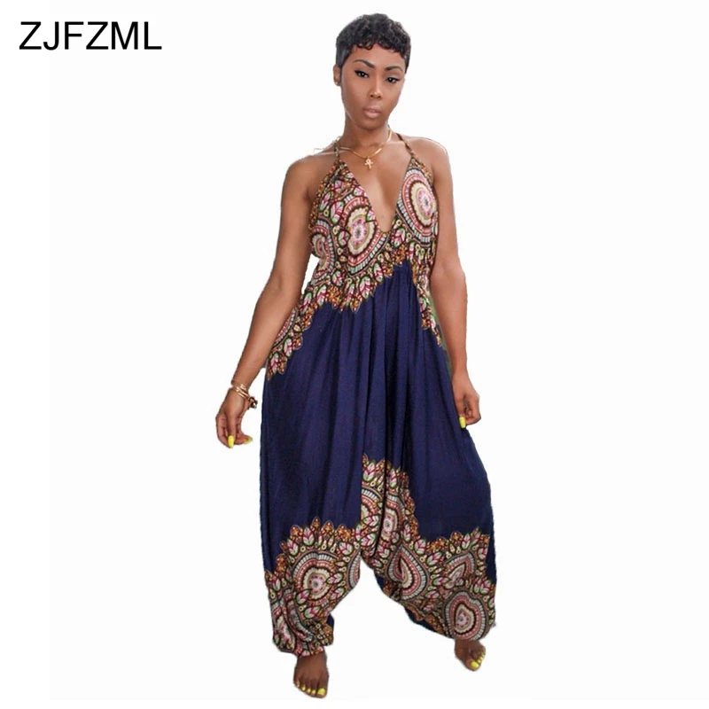 ZJFZML African Ethnic Sexy Rompers Womens Jumpsuit Summer V Neck Sleeveless Overalls Casual Loose Backless Print Harem Jumpsuit