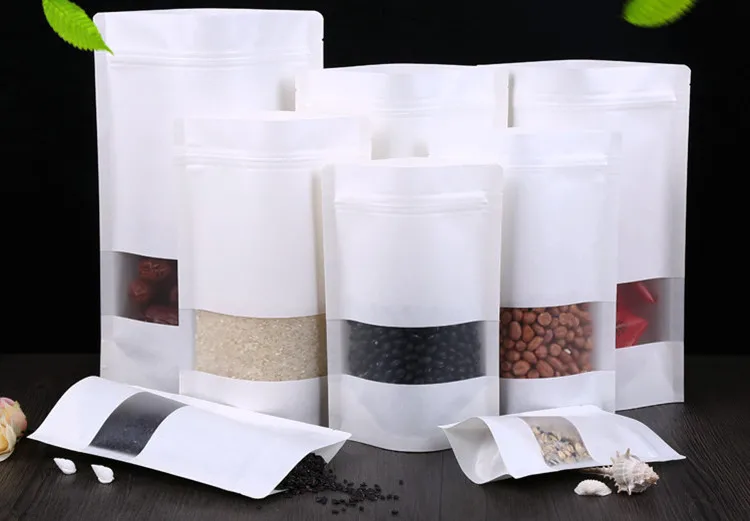 100pcs White Stand up Paper Frosted Window Bag Snack Biscuit Tea Packaging Storage Ziplock Gift Pouches | Дом и сад
