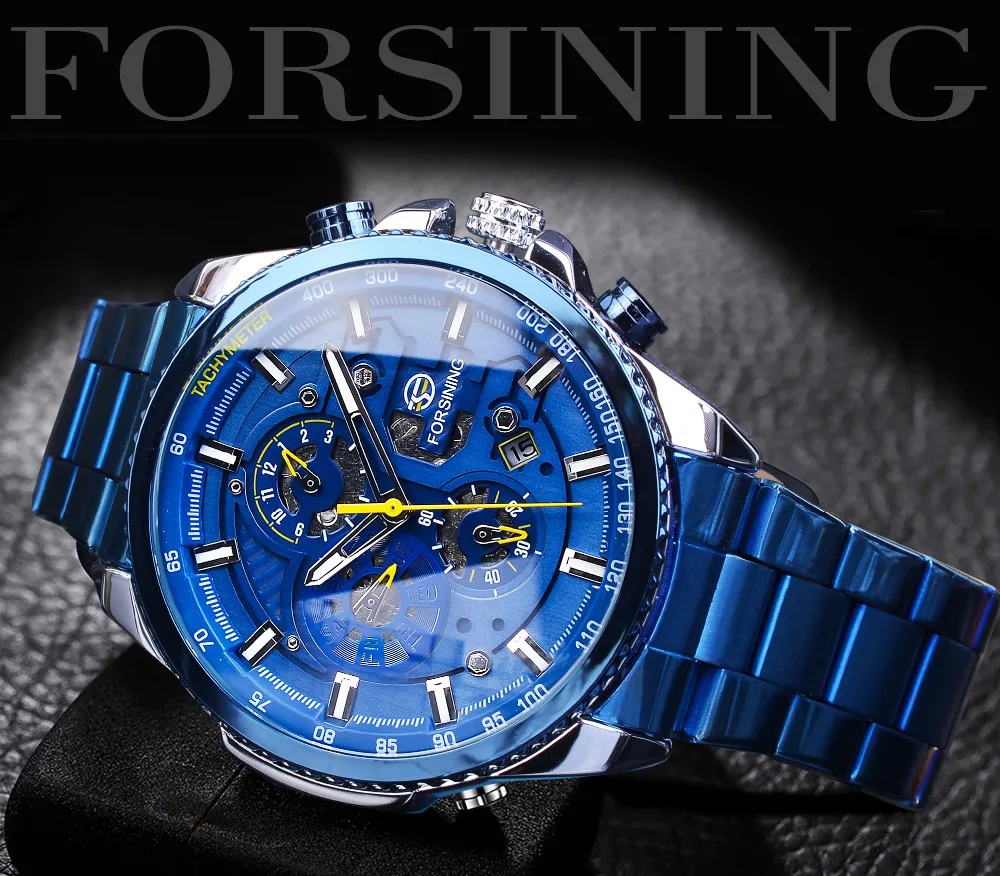 Forsining, синие автоматические часы, модные мужские многофункциональные механические часы с календарем, часы с металлическим ремешком, спортивные часы Relogio