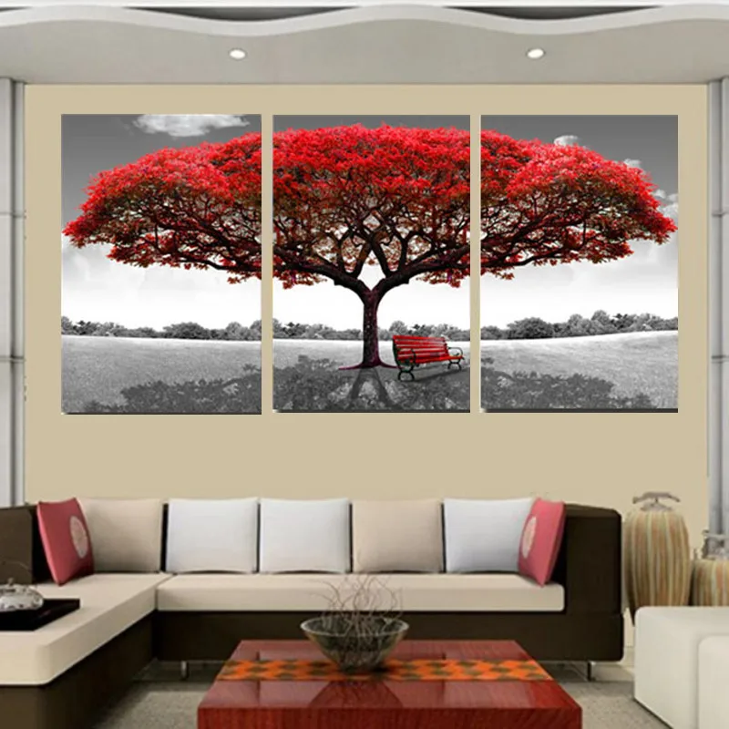 

Modular Canvas HD Printed Paintings Wall Art Poster 3 Pieces Red Tree Art Scenery Pictures Home Decor For Living Room Framework