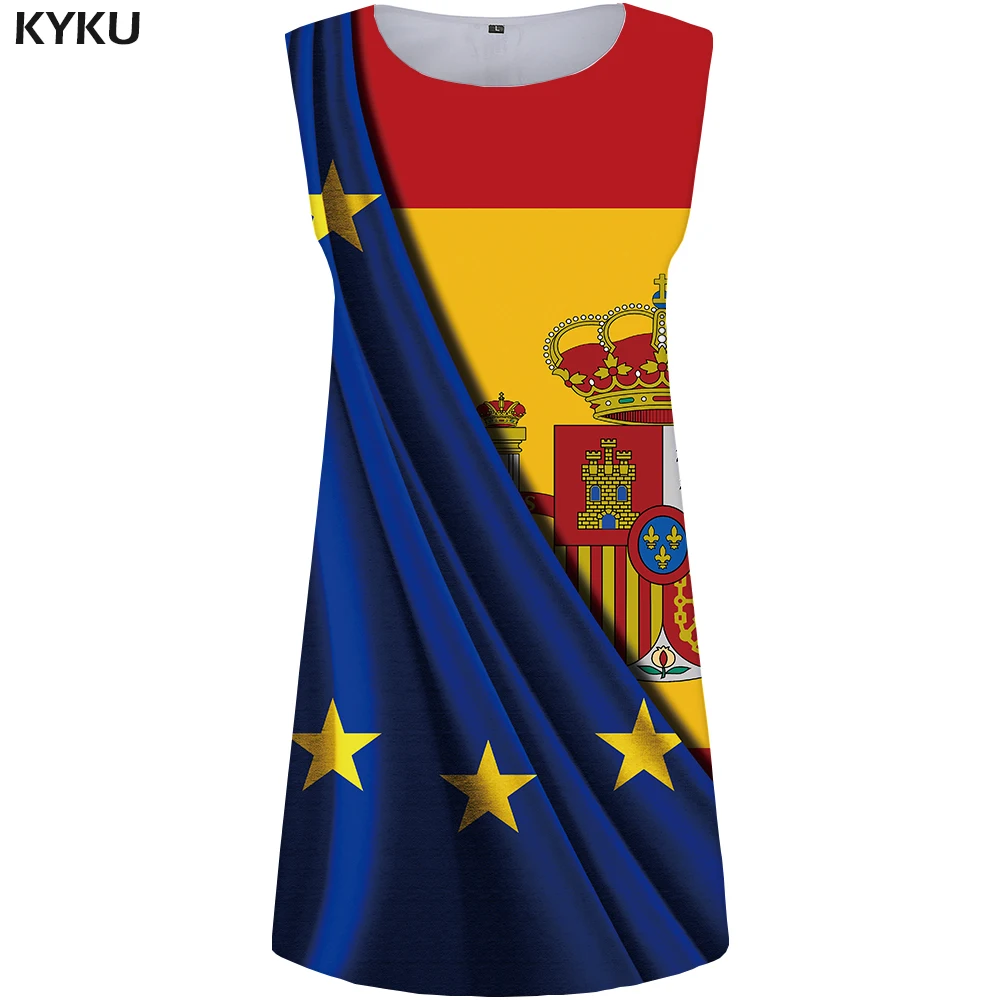 KYKU Spanish Flag Dress Women Star Vestido Dress King 3d Print Sundress Beach Colorful Hip Hop Womens Clothing Ladies Dresses