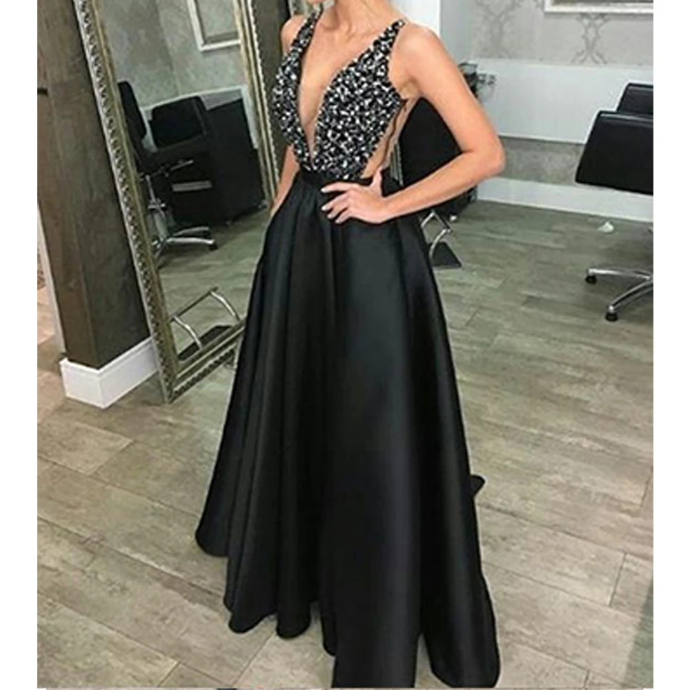 2018 New Elegant V-Neck Beads Long maxi Dresses Party Vestido De Festa Prom Gowns sleeveless backless formal dress sequin dress