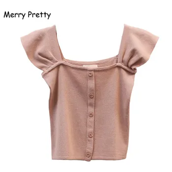 

Merry Pretty New Summer Korean Style Knitted T-shirt Women Square Collar Casual Flare Sleeve Short T-Shirts Girl Solid Crop Tops