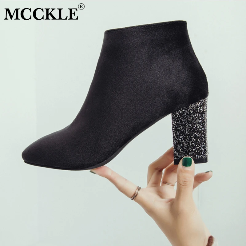 baratas MCCKLE Inverno Que Bling sapatos de Salto Alto das Mulheres Ankle Boots de Camurça Feminino Zipper Curto Botas Senhoras Sapatos de Festa Da Moda Calçado